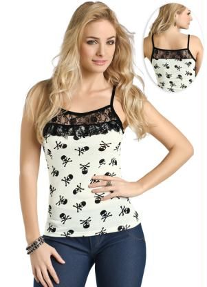 Blusa de Alça com Caveira e Renda Branca